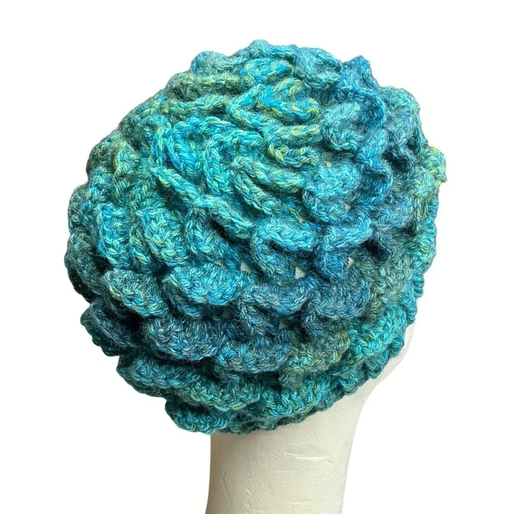 Kids Winter Beanie Hat Blue‎ Green Crocodile Dragon Scale Handcrafted Crochet